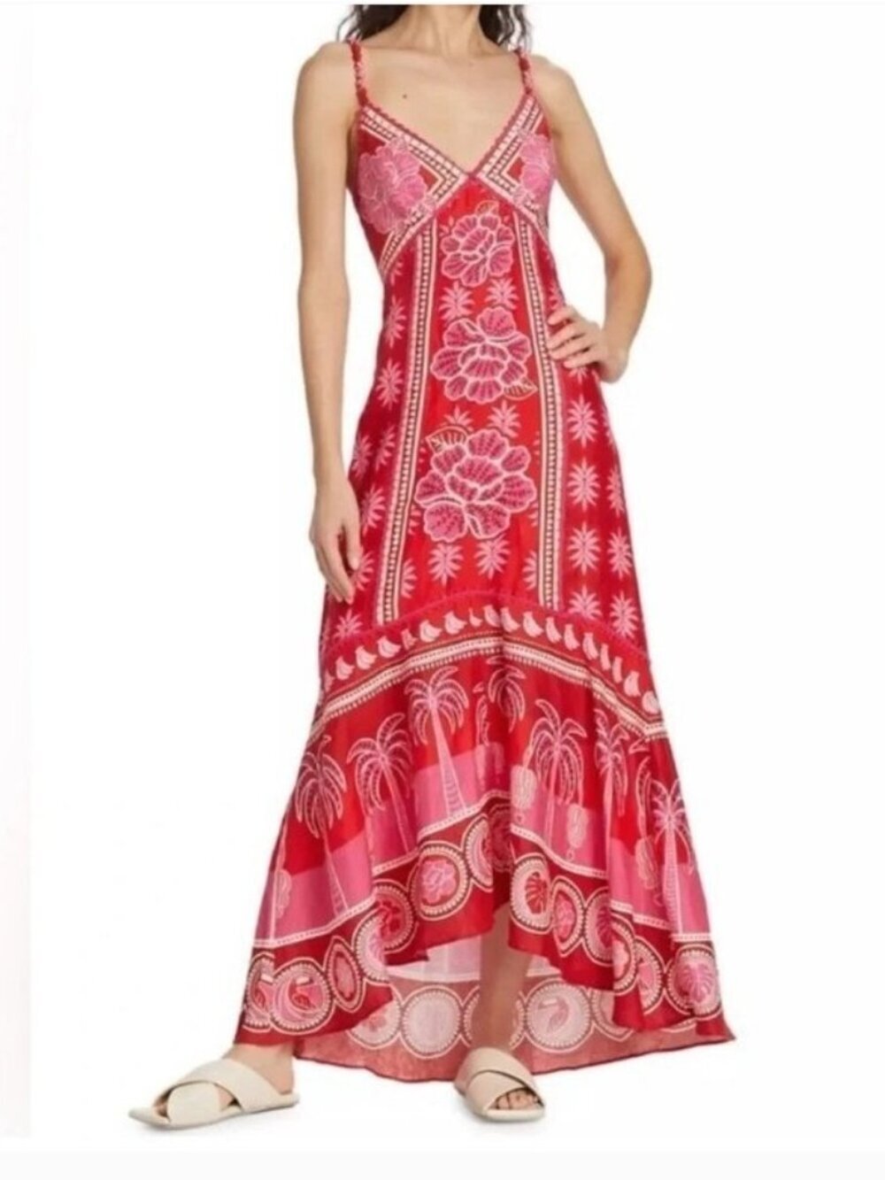 Caroline Constas Linen Blend Red Pink Floral Palm Print Maxi Dress Size S Resort